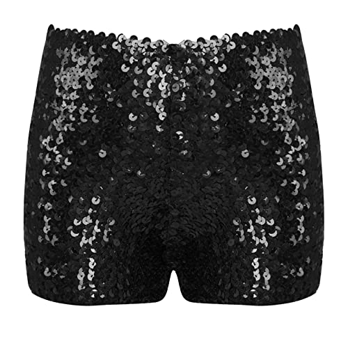 JEATHA Mädchen Pailletten Shorts Hotpants Glänzende Tanzshorts Kurz Hip Hop Jazz Hosen Trainingshose Glitter Shorts Tanz Kostüm Clubwear Schwarz 116-140 von JEATHA