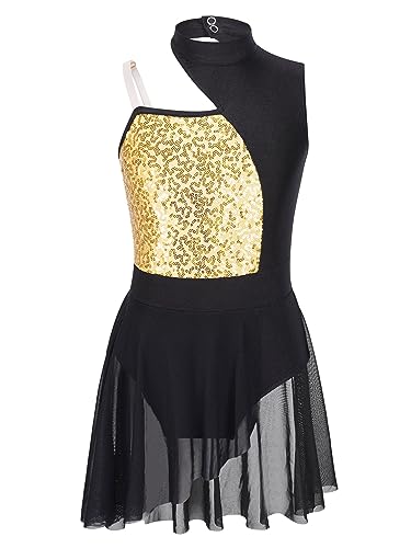 JEATHA Mädchen Pailletten Tanzkleid Latein Jazz Kleider Ärmellos Ballettkleid Balletttrikot mit Mesh Rock Glänzend Turnanzug Gymnastikanzug Ballettkleidung Gold 158-164 von JEATHA