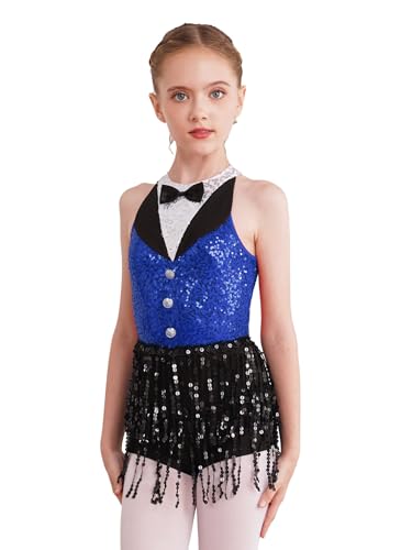 JEATHA Mädchen Pailletten Tanzkleid Trikotkleid mit Quaste ärmellos Latin Jazz Kleider Tanzkleidung Turnanzug Gymnastikanzug Dancewear Blau 122-128 von JEATHA