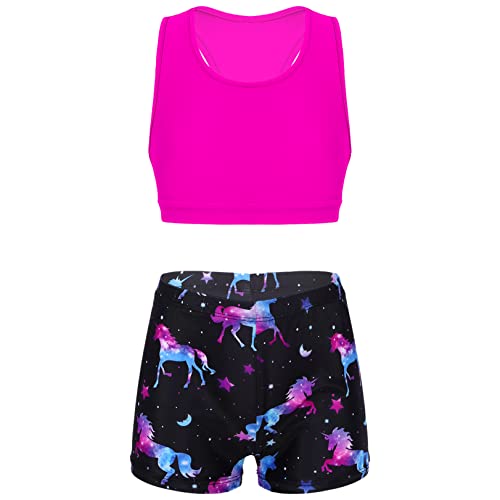 JEATHA Mädchen Sportanzug Turnanzug Kinder Zweiteilige Crop Tank Top Shorts Kurze Hosen Set Jogginganzug Hosenanzug Sport Outfit für Ballett Gymnastik Workout Rosa&Schwarz-b 140-152 von JEATHA