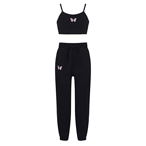 JEATHA Mädchen Sportkleidung Schmetterling Druck Crop Top Bauchfrei Weste und Hose Set Jogginghose Sporthose Sommer Trainingsanzug Sportwer Schwarz 158-164 von JEATHA