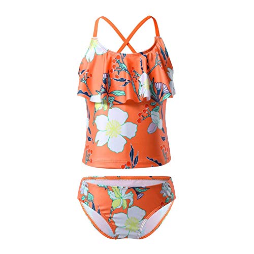 JEATHA Mädchen Tankini Einteilige Badeanzug Sommer Bademode Blumenmuster Badeshirt Unterhose Badebekleidung für Kinder Swimsuit Beachwear Orange 92-98 von JEATHA
