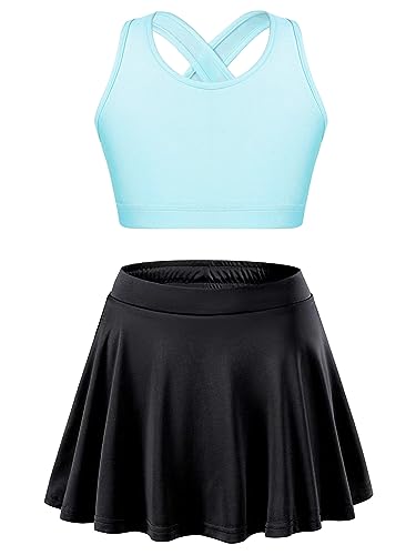 JEATHA Mädchen Tennis Golf Anzug Ärmellos Crop Top Bauchfrei Yoga Fitness Oberteil Sportskort Tennisrock Sportkleidung Hellblau und Schwarz 146-152 von JEATHA