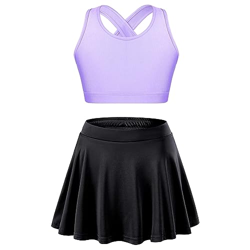 JEATHA Mädchen Tennis Golf Anzug Ärmellos Crop Top Bauchfrei Yoga Fitness Oberteil Sportskort Tennisrock Sportkleidung Lavendel & Schwarz 146-152 von JEATHA