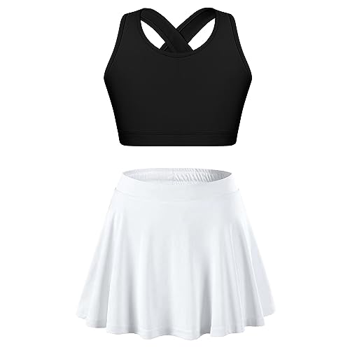 JEATHA Mädchen Tennis Golf Anzug Ärmellos Crop Top Bauchfrei Yoga Fitness Oberteil Sportskort Tennisrock Sportkleidung Schwarz-Weiss 134-140 von JEATHA