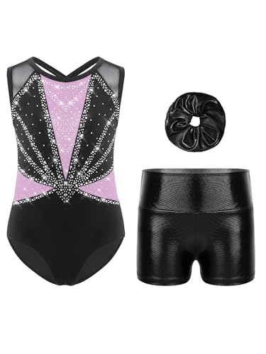 JEATHA Mädchen Turnanzug Ärmellos Glitzer Gymnastikbody Turntrikot mit Kurze Hose Haarband Set Ballettanzug Wettkampf Trainingsanzüge Helles Lila 146-152 von JEATHA