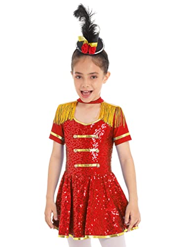 JEATHA Mädchen Zirkus Kostüme Pailletten Kurzarm Tanzkleid Ballettkleid Weihnachtskostüm Ehrengarde Zirkusdirektor Cosplay Fasching Karneval Kostüm B Rot 122-128 von JEATHA