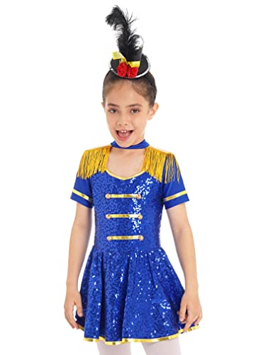 JEATHA Mädchen Zirkus Kostüme Pailletten Kurzarm Tanzkleid Ballettkleid Weihnachtskostüm Ehrengarde Zirkusdirektor Cosplay Fasching Karneval Kostüm B Royal Blau 146-152 von JEATHA