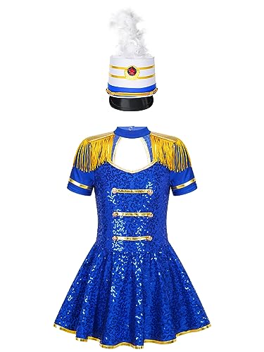 JEATHA Mädchen Zirkus Kostüme Pailletten Kurzarm Tanzkleid Ballettkleid Weihnachtskostüm Ehrengarde Zirkusdirektor Cosplay Fasching Karneval Kostüm C Königsblau 158-164 von JEATHA