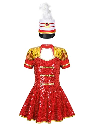 JEATHA Mädchen Zirkus Kostüme Pailletten Kurzarm Tanzkleid Ballettkleid Weihnachtskostüm Ehrengarde Zirkusdirektor Cosplay Fasching Karneval Kostüm C Rot 110-116 von JEATHA