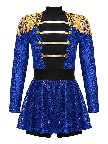 JEATHA Mädchen Zirkus Kostüme Pailletten Kurzarm Tanzkleid Ballettkleid Weihnachtskostüm Ehrengarde Zirkusdirektor Cosplay Fasching Karneval Kostüm D Blau 134-140 von JEATHA