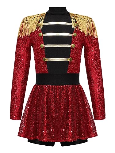 JEATHA Mädchen Zirkus Kostüme Pailletten Kurzarm Tanzkleid Ballettkleid Weihnachtskostüm Ehrengarde Zirkusdirektor Cosplay Fasching Karneval Kostüm D Rot 134-140 von JEATHA