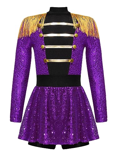 JEATHA Mädchen Zirkus Kostüme Pailletten Kurzarm Tanzkleid Ballettkleid Weihnachtskostüm Ehrengarde Zirkusdirektor Cosplay Fasching Karneval Kostüm D Violett 170-176 von JEATHA