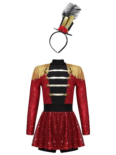 JEATHA Mädchen Zirkus Kostüme Pailletten Kurzarm Tanzkleid Ballettkleid Weihnachtskostüm Ehrengarde Zirkusdirektor Cosplay Fasching Karneval Kostüm E Rot 110-116 von JEATHA