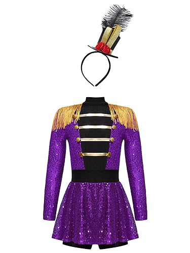 JEATHA Mädchen Zirkus Kostüme Pailletten Kurzarm Tanzkleid Ballettkleid Weihnachtskostüm Ehrengarde Zirkusdirektor Cosplay Fasching Karneval Kostüm E Violett 110-116 von JEATHA