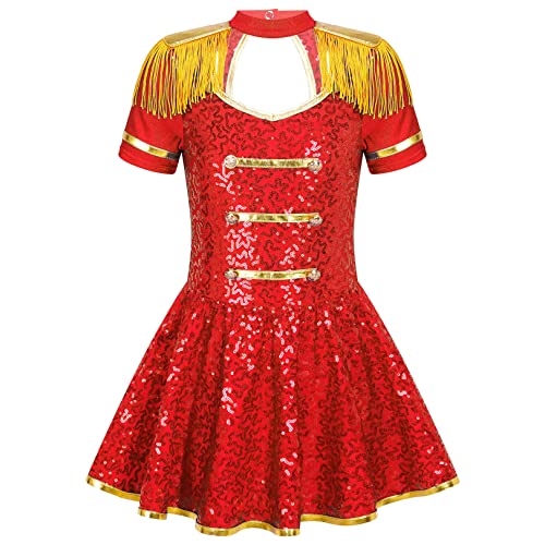 JEATHA Mädchen Zirkus Kostüme Pailletten Kurzarm Tanzkleid Ballettkleid Weihnachtskostüm Ehrengarde Zirkusdirektor Cosplay Fasching Karneval Kostüm Rot 122-128 von JEATHA