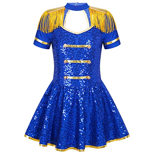 JEATHA Mädchen Zirkus Kostüme Pailletten Kurzarm Tanzkleid Ballettkleid Weihnachtskostüm Ehrengarde Zirkusdirektor Cosplay Fasching Karneval Kostüm Royal Blau 110-116 von JEATHA