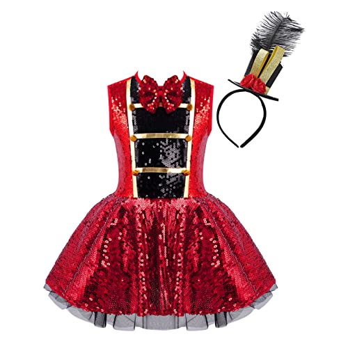 JEATHA Mädchen Zirkus Ringmaster Kostüm Pailletten Zirkusdirektor Kleid mit Feder Mini Zylinder Faschingskostüme für Halloween Karneval Party Cosplay A Rot 140 von JEATHA