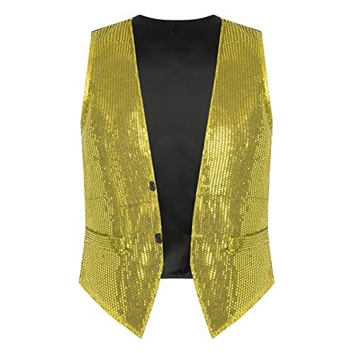 JEATHA Pailletten Weste Herren Damen Glitzer Anzugweste Tank Top ärmellos Disco Crop Top Jacke Herrenweste Faschingskostüm Party Karneval Kostüm Gold 3XL von JEATHA