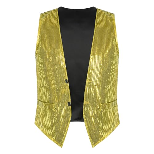 JEATHA Pailletten Weste Herren Damen Glitzer Anzugweste Tank Top ärmellos Disco Crop Top Jacke Herrenweste Faschingskostüm Party Karneval Kostüm Gold M von JEATHA