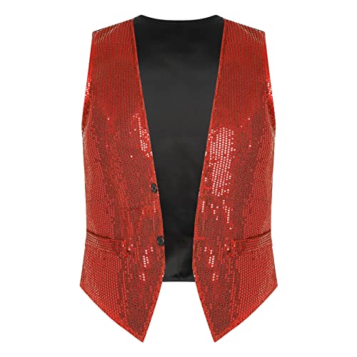 JEATHA Pailletten Weste Herren Damen Glitzer Anzugweste Tank Top ärmellos Disco Crop Top Jacke Herrenweste Faschingskostüm Party Karneval Kostüm Rot 3XL von JEATHA