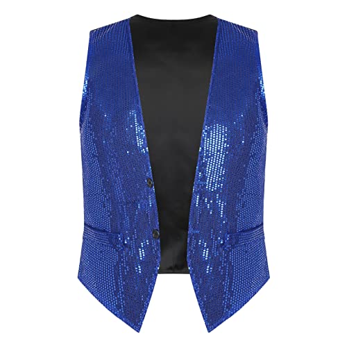 JEATHA Pailletten Weste Herren Damen Glitzer Anzugweste Tank Top ärmellos Disco Crop Top Jacke Herrenweste Faschingskostüm Party Karneval Kostüm Royal Blau 3XL von JEATHA