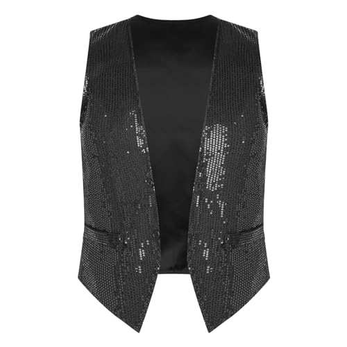 JEATHA Pailletten Weste Herren Damen Glitzer Anzugweste Tank Top ärmellos Disco Crop Top Jacke Herrenweste Faschingskostüm Party Karneval Kostüm Schwarz 4XL von JEATHA