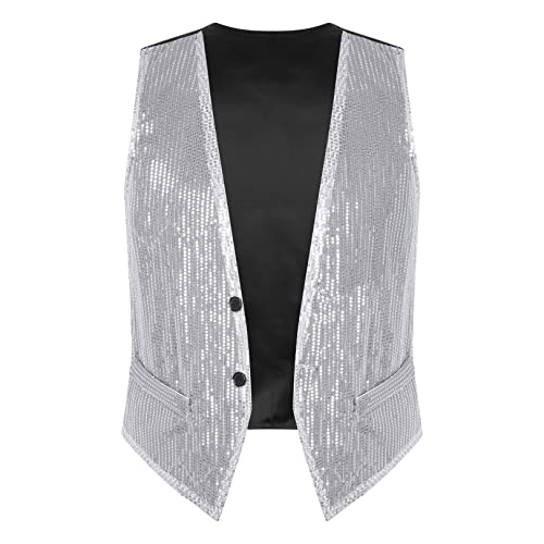 JEATHA Pailletten Weste Herren Damen Glitzer Anzugweste Tank Top ärmellos Disco Crop Top Jacke Herrenweste Faschingskostüm Party Karneval Kostüm Silber 3XL von JEATHA