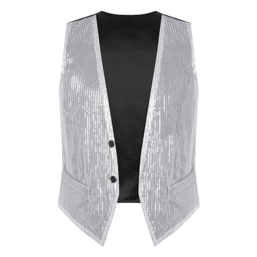 JEATHA Pailletten Weste Herren Damen Glitzer Anzugweste Tank Top ärmellos Disco Crop Top Jacke Herrenweste Faschingskostüm Party Karneval Kostüm Silber XL von JEATHA