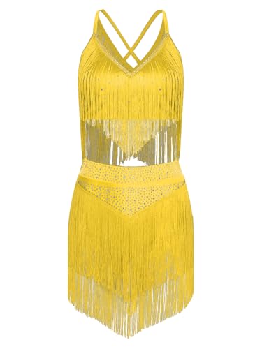 JEATHA Quasten Latin Dancewear Damen Salsa Samba Ballsaal Fransenkleid Rock und Top Set Wettbewerb Performance Tanzkleid Kostüme Gelb M von JEATHA