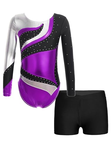 JEATHA Turnanzug Kinder Mädchen Gymnastikanzug Set Glänzende Tanzbody Ballettbody mit Strass und Shorts Gymnastik Trikot Leotards Tanzkleidung für Gymnastik Workout Violett 146-152 von JEATHA