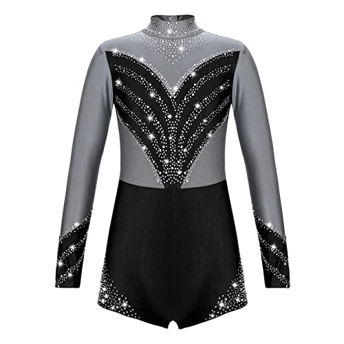 JEATHA Turnanzug Mädchen Gymnastikanzug Langarm Turnbody Balletttrikot Turntrikot Glänzend Gymnastik Tanz Overall Ballettanzug Dancewear Silber-Grau 158-164 von JEATHA