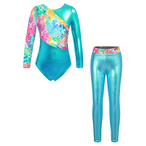 JEATHA Zweiteilige Mädchen Turnanzug Gymnastikanzug Metallic Langarm Gymnastikbody Tanzbody Leggings Jogginghose Sportanzug Grün 110-116 von JEATHA