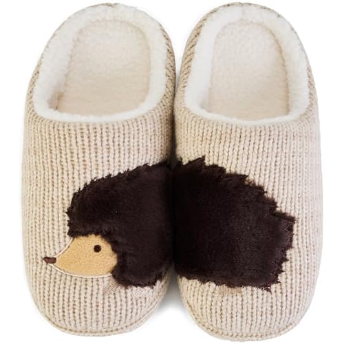 JEBUKTXE Hausschuhe Damen Winter Warme Plüsch Gefüttert Hüttenschuhe Cartoon Tierdruck Pantoffeln für Frauen (Cartoon Tierdruck-Lgel,Größe 37 38) von JEBUKTXE