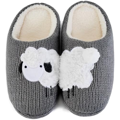 JEBUKTXE Hausschuhe Damen Winter Warme Plüsch Gefüttert Hüttenschuhe Cartoon Tierdruck Pantoffeln für Frauen (Cartoon Tierdruck-Schafe,Größe 40 41) von JEBUKTXE
