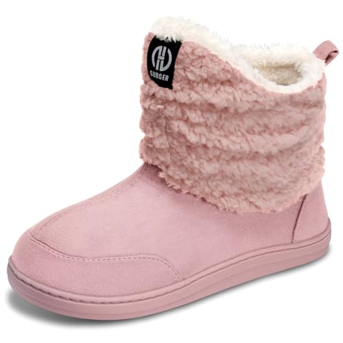 JEBUKTXE Hausstiefel Damen Warm Plüsch Gefüttert Hausschuhe Herren Winter Fell Hüttenschuhe Geschlossen Rutschfest Hüttenstiefel Pantoffeln Rosa Größe 38 39 von JEBUKTXE