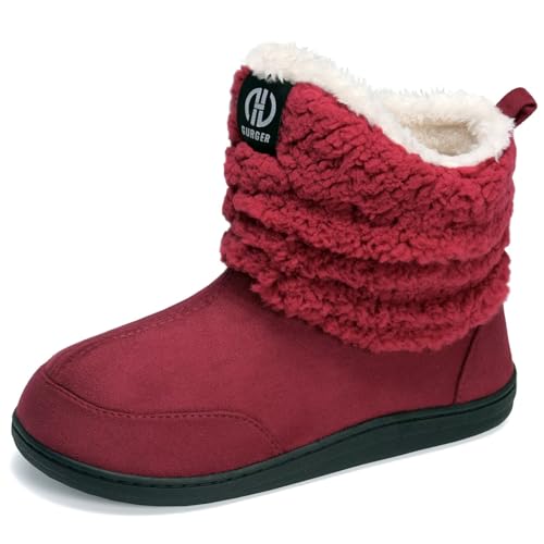 JEBUKTXE Hausstiefel Damen Warm Plüsch Gefüttert Hausschuhe Herren Winter Fell Hüttenschuhe Geschlossen Rutschfest Hüttenstiefel Pantoffeln Rot Größe 42 43 von JEBUKTXE