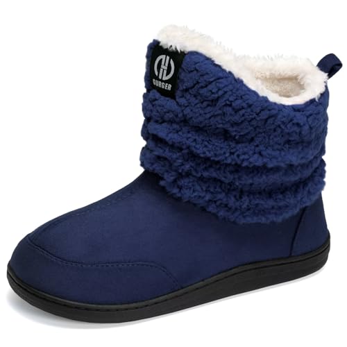 JEBUKTXE Hausstiefel Herren Warm Plüsch Gefüttert Hausschuhe Damen Winter Fell Hüttenschuhe Geschlossen Rutschfest Hüttenstiefel Pantoffeln Blau Größe 42 43 von JEBUKTXE