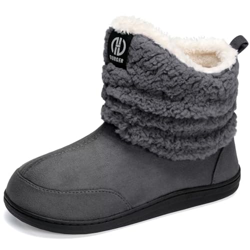 JEBUKTXE Hausstiefel Herren Warm Plüsch Gefüttert Hausschuhe Damen Winter Fell Hüttenschuhe Geschlossen Rutschfest Hüttenstiefel Pantoffeln Grau Größe 42 43 von JEBUKTXE