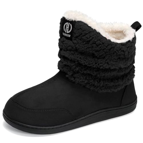 JEBUKTXE Hausstiefel Herren Warm Plüsch Gefüttert Hausschuhe Damen Winter Fell Hüttenschuhe Geschlossen Rutschfest Hüttenstiefel Pantoffeln Schwarz Größe 46 47 von JEBUKTXE