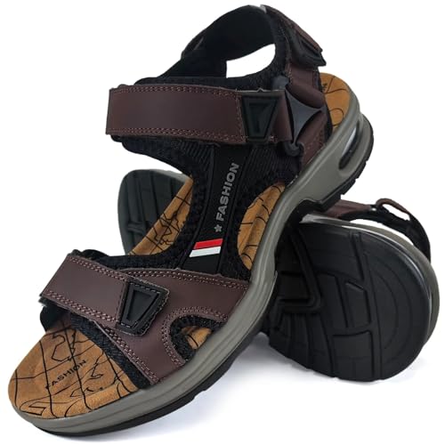 JEBUKTXE Trekkingsandalen Herren Leder Sandalen Sommer Open Toe Wasserfest Outdoorsandalen Klettverschluss Outdoor Trekking Wandersandalen Dunkelbraun Größe 44 von JEBUKTXE