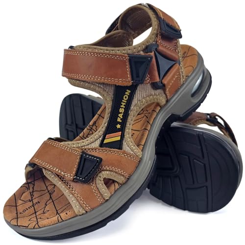 JEBUKTXE Trekkingsandalen Herren Leder Sandalen Sommer Open Toe Wasserfest Outdoorsandalen Klettverschluss Outdoor Trekking Wandersandalen Hellbraun Größe 42 von JEBUKTXE