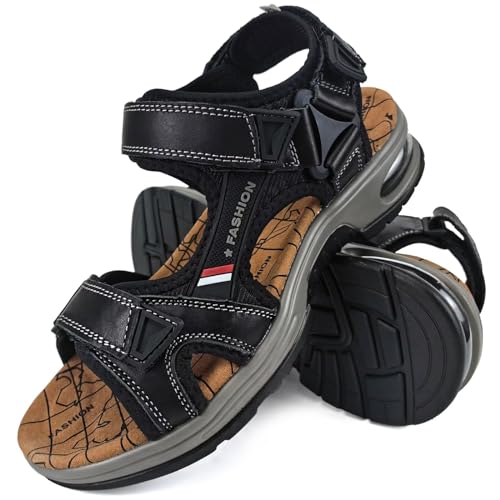 JEBUKTXE Trekkingsandalen Herren Leder Sandalen Sommer Open Toe Wasserfest Outdoorsandalen Klettverschluss Outdoor Trekking Wandersandalen Schwarz Größe 46 von JEBUKTXE