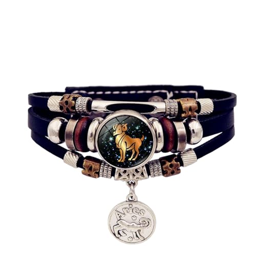 12 Sternzeichen-Armbänder – Vintage-Punk-Armband Für Herren Und Damen, Leuchtendes Sternzeichen-Armband Mit 12 Sternbildern, Geflochtenes Leder-Charm-Armband, Mehrschichtiges Armband, Armreif, 17 von JEDTAKCT