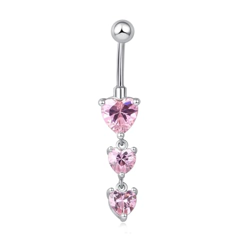 Bauchnabelpiercing Für Damen – Kreatives, Langes Modell Mit Drei Herzförmigen Zirkonen Als Tropfen-Körperschmuck, Sexy, Glänzendes Inlay-Zirkon-Piercing, Strand-Bauchnabelringe, Rosa, Wie Abge von JEDTAKCT