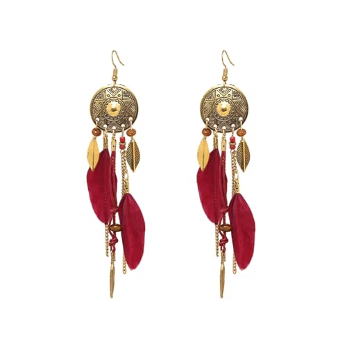 Böhmische Federohrringe Für Frauen – Vintage-Ethno-Stil, Geometrisch, Rund, Handgefertigt, Kette, Blätter, Lange Ohrringe, Schmuck, Geschenke, Braut, Hochzeit, Anhänger, Rot, Einheitsgröße von JEDTAKCT