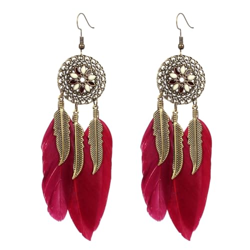 Böhmische Lange Feder-Ohrringe Für Damen – Strand, Lange Quaste, Handgefertigt, Blumen-Emaille, Vintage-Blätter, Ohrringe, Braut, Hochzeit, Anhänger, Schmuck, Rot, Einheitsgröße von JEDTAKCT