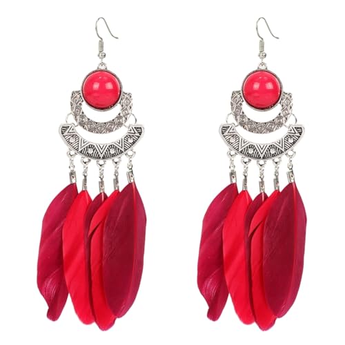 Bunte Feder-Ohrringe Für Frauen – Halbmondförmige Runde Perlen-Anhänger-Ohrringe Im Vintage-Ethno-Stil, Modischer Ohrhaken-Schmuck Für Mädchen-Geschenke, Rot, Einheitsgröße von JEDTAKCT