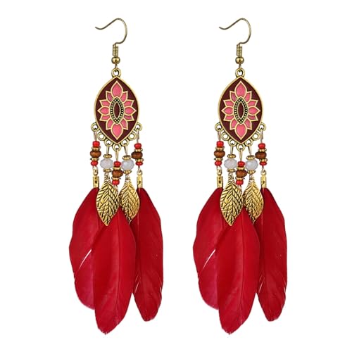 Feder-Ohrringe Im Vintage-Stil – Handgefertigte Blumenperlen Im Ethno-Stil, Gelbe Blätter, Asymmetrische Ohrringe, Personalisierter Anhänger-Schmuck Für Mutter-Geschenke, Rot, 12 X 1,5 Cm von JEDTAKCT