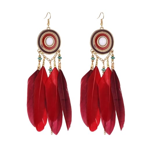 Feder-Quasten-Ohrringe Für Damen – Böhmische Baumelnde Lange Ohrringe, Geometrisch, Rund, Handgefertigt, Perlen, Vintage-Schmuck, Ohrhaken, Anhänger Für Hochzeit, Party, Rot, 14 X 2,5 Cm von JEDTAKCT